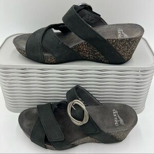 Dansko Susie Black Milled Nubuck Strap Wedge Platform Sandals Size 36
